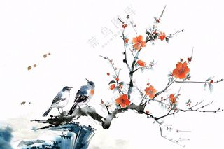 水墨画崖壁上的梅花小鸟古典风山水插画免抠