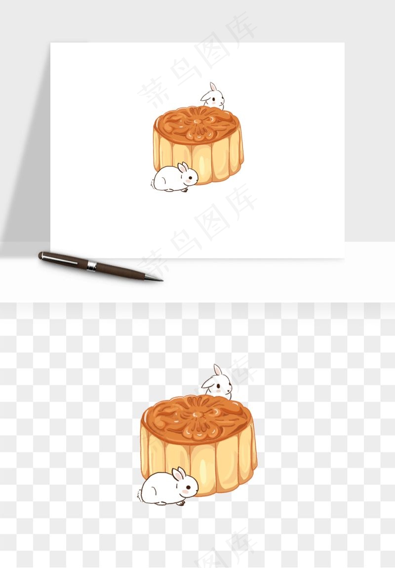 中秋月饼玉兔国潮插画png免抠