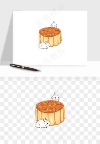 中秋月饼玉兔国潮插画png免抠
