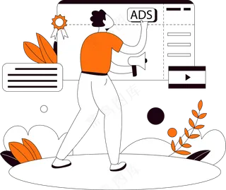 一个男生在张贴网络广告 橙色扁平商务插画