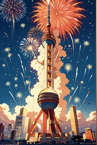 海报背景手绘节日气氛图东方明珠