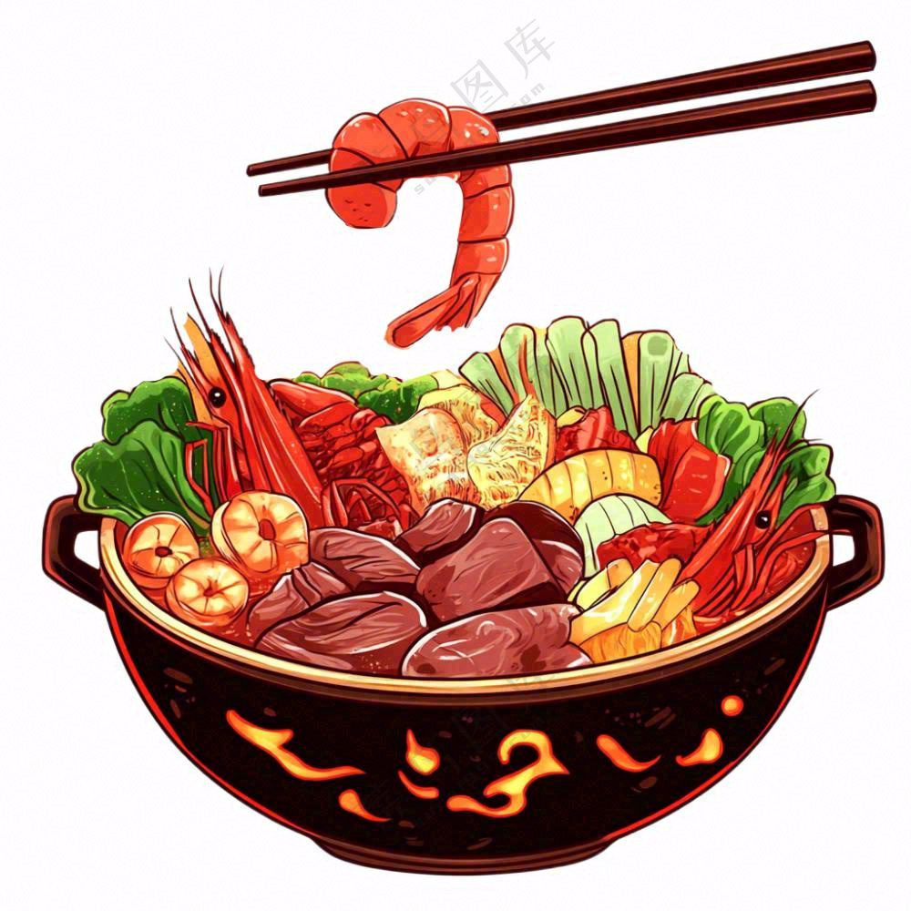 麻辣海鲜锅麻辣烫火锅美食插画免抠