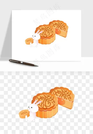 中秋月饼玉兔国潮插画png免抠