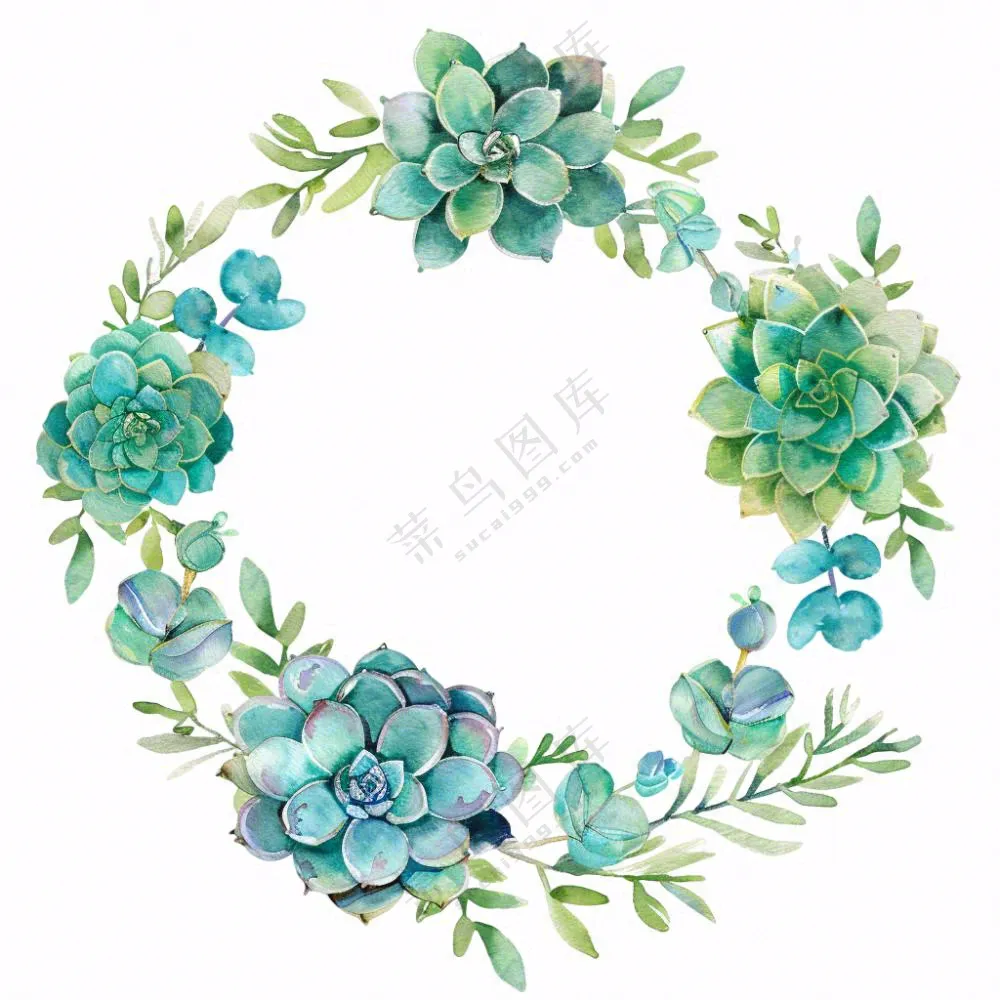 多肉花环水彩插画免抠