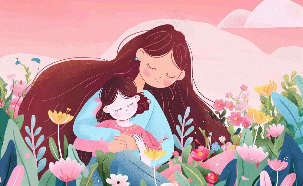 母亲节妈妈亲情抱着孩子鲜花光辉插画背景