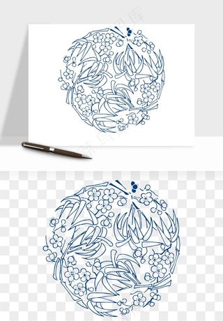 青花瓷花纹花卉图案png免抠