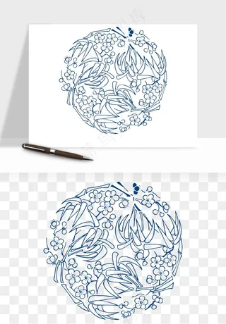 青花瓷花纹花卉图案png免抠