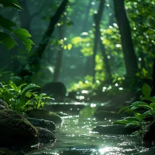 绿色山间小溪流树木山水图片