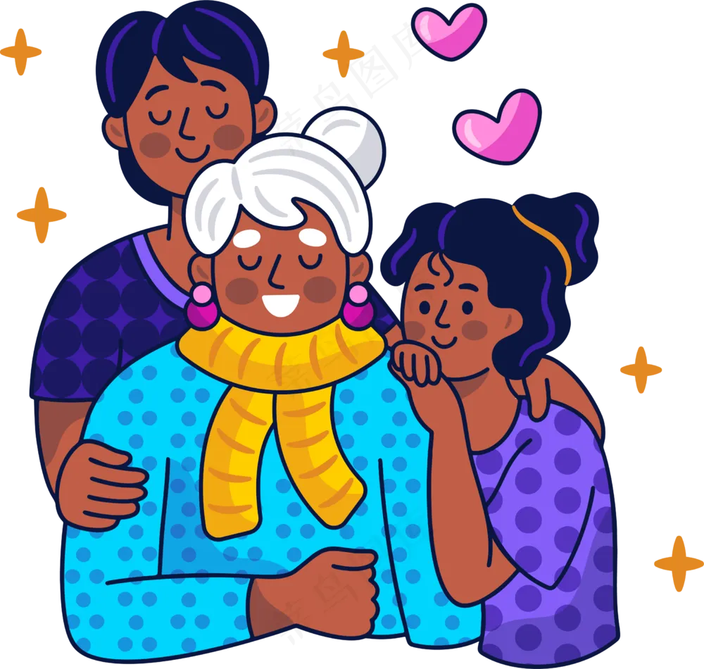 孙子孙女陪伴奶奶 美式多巴胺插画 免抠透明底
