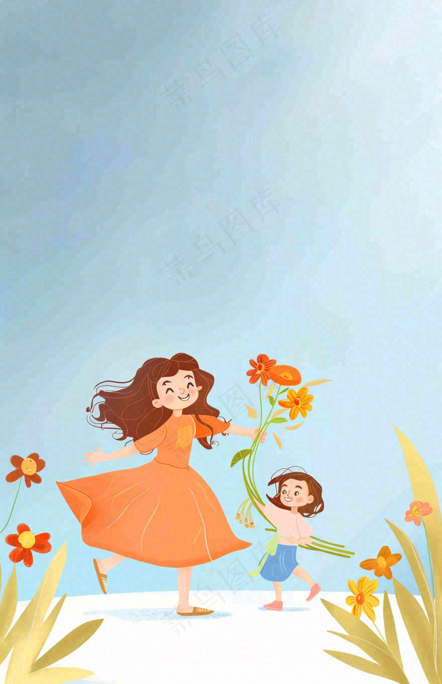 母亲节给妈妈送花的孩子亲情温馨插画背景