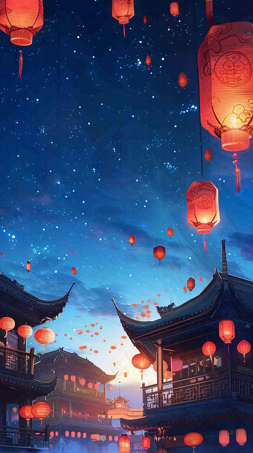 夜晚点灯孔明灯祈福中元节寒衣节插画背景