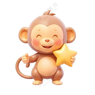一只可爱的小猴子手拿星形气球