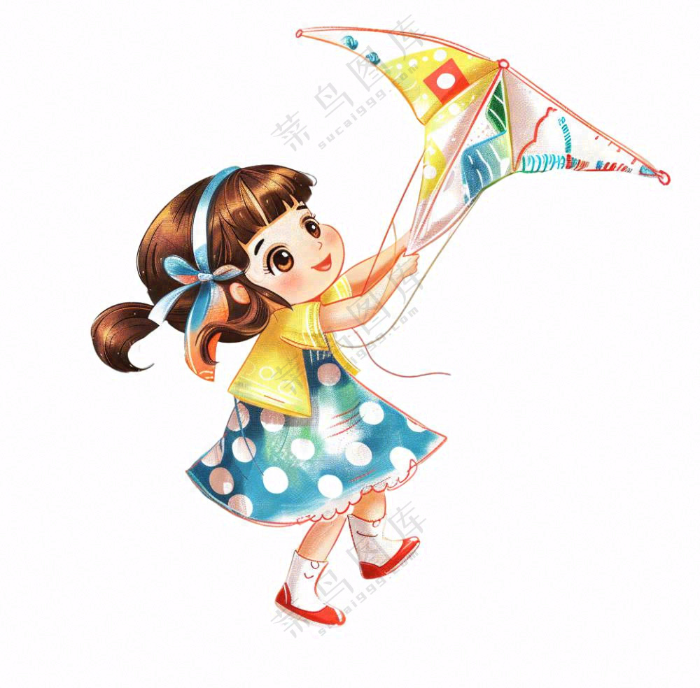 放风筝纸鸢的女孩儿童人物卡通插画免抠