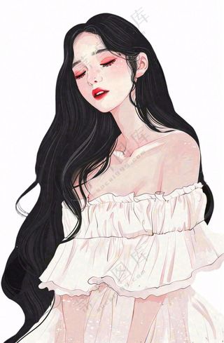 白色衣服的长头发少女美丽人物卡通插画免抠