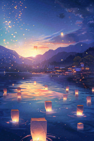 夜晚点灯孔明灯祈福中元节寒衣节插画背景