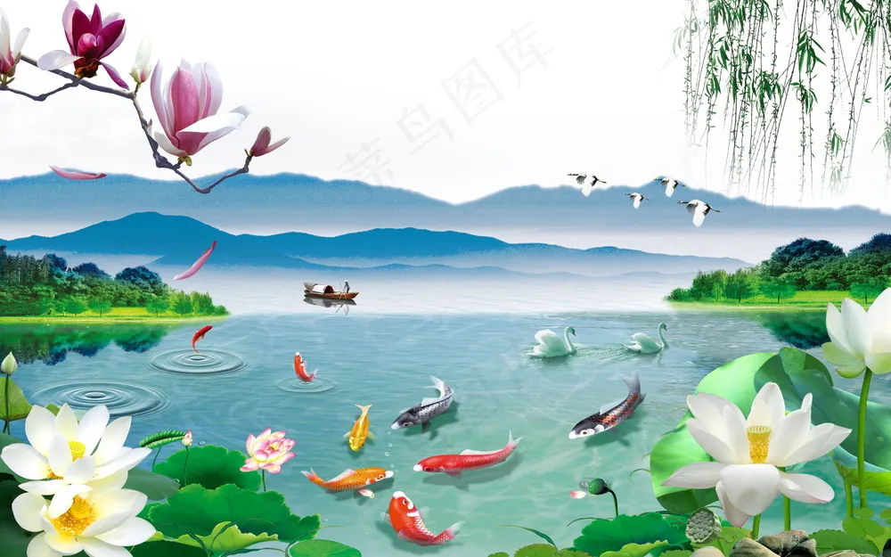 荷花山水风景画素材