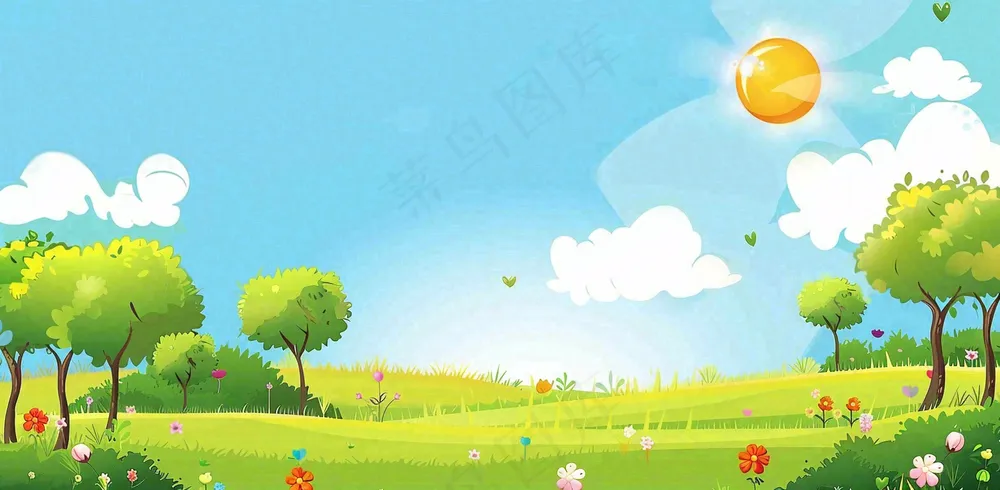 太阳白云草坪大树儿童节卡通插画背景
