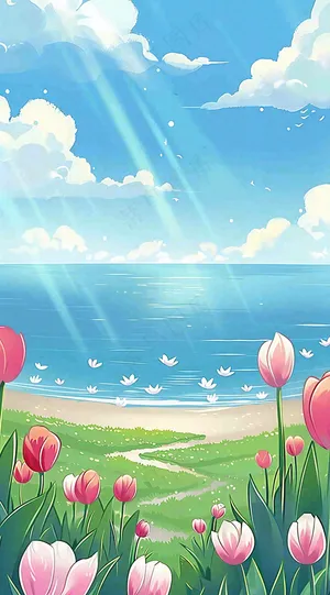 春天海边晴天蓝天白云郁金香春分插画背景