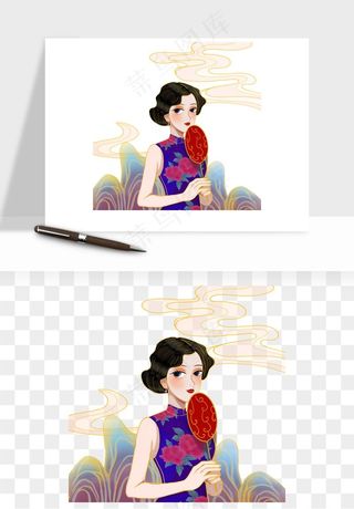 手绘国潮女性人物插画png免抠