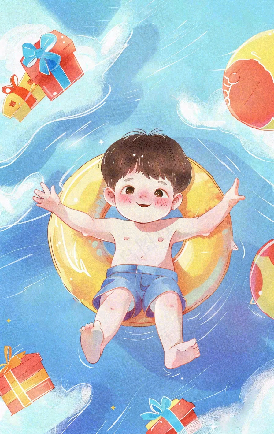 游泳池躺着游泳圈上的儿童创意儿童节卡通插画背景