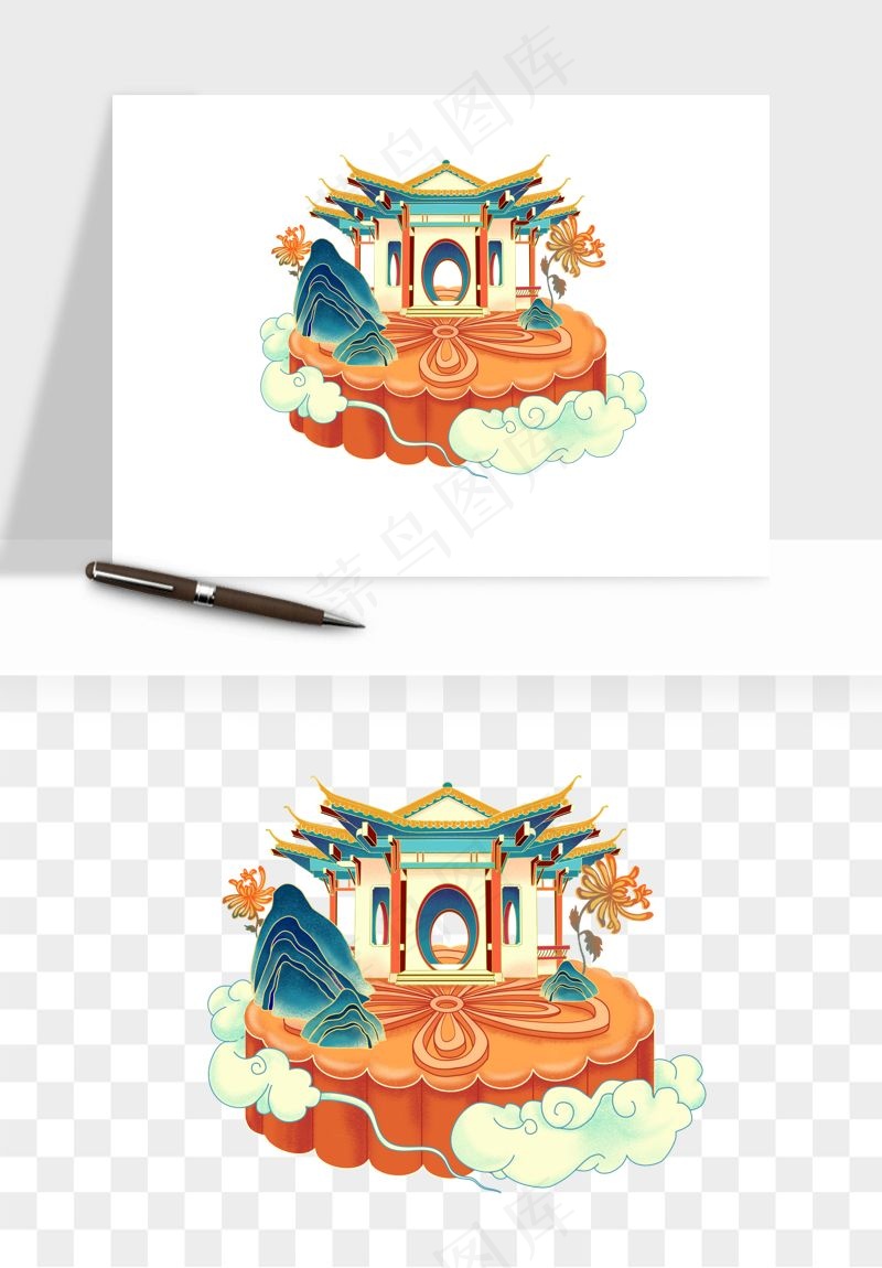 中秋月饼玉兔国潮插画png免抠
