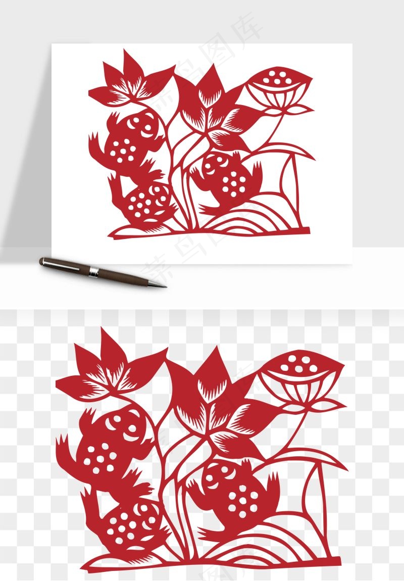 传统剪纸植物花卉png免抠