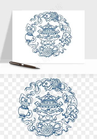 青花瓷花纹花卉图案png免抠