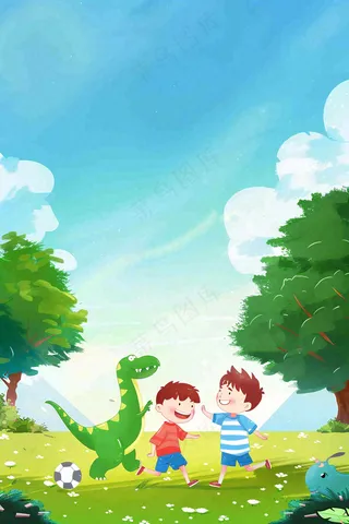 儿童和恐龙一起踢球玩耍创意童话儿童节卡通插画背景