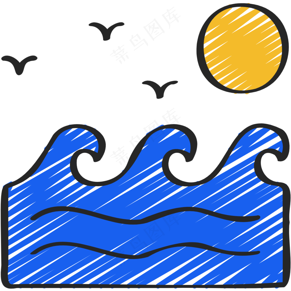 海浪日出海鸥 铅笔手绘图标icon