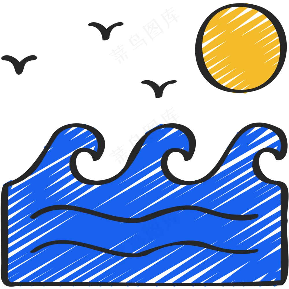 海浪日出海鸥 铅笔手绘图标icon