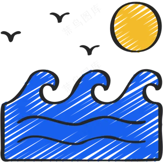 海浪日出海鸥 铅笔手绘图标icon