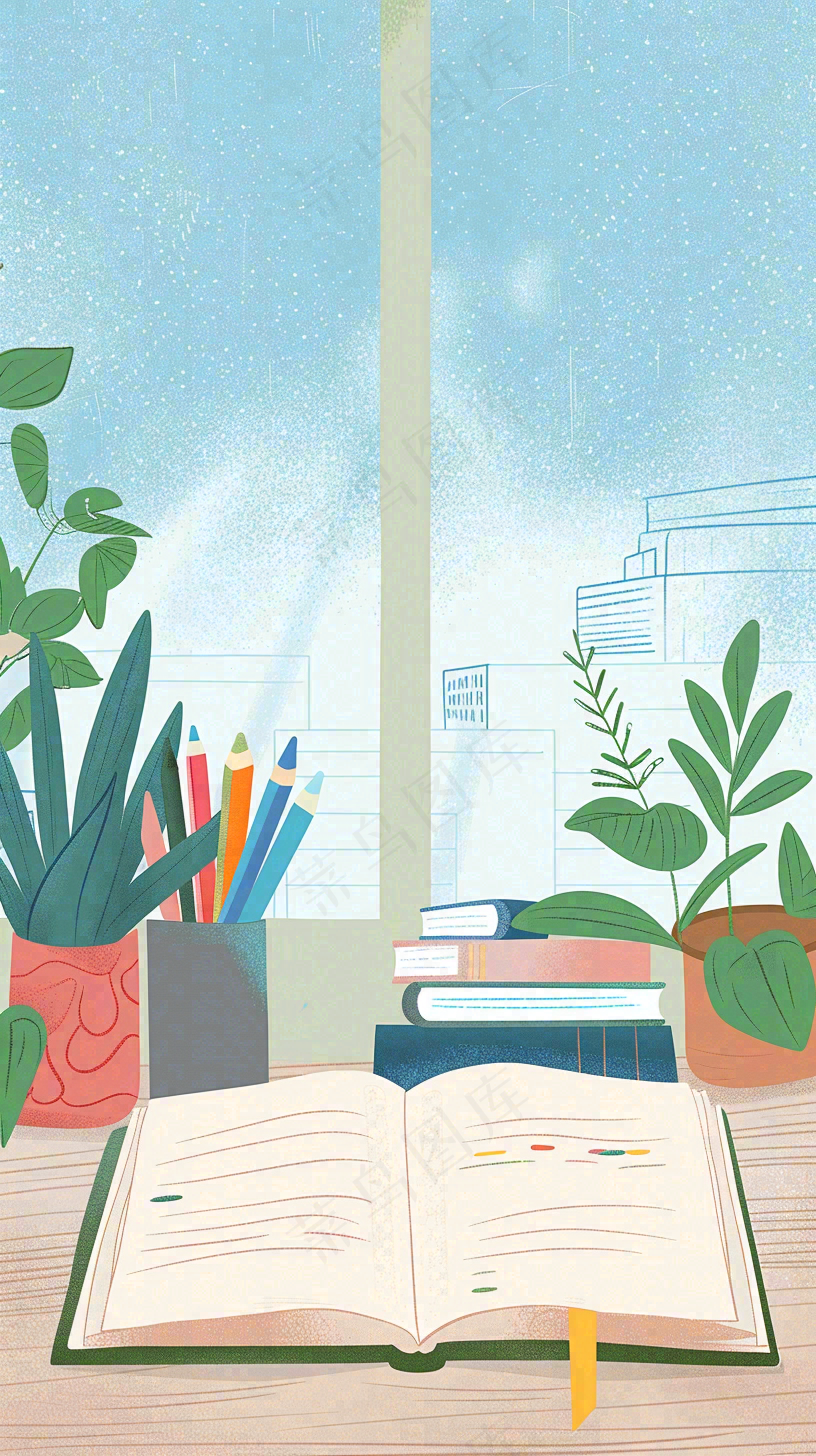 世界读书日窗前书桌书本绿植小清新卡通插画背景