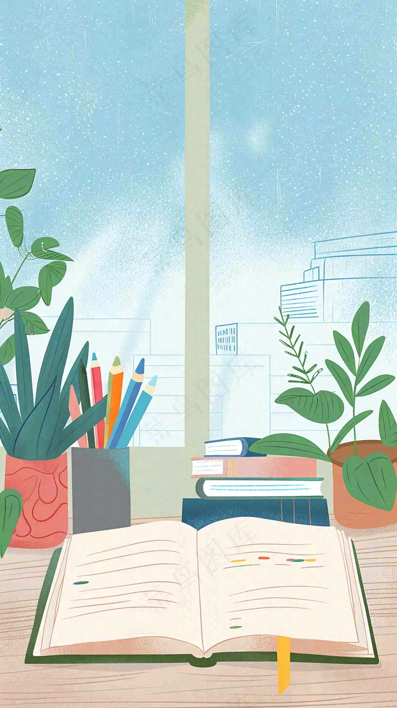 世界读书日窗前书桌书本绿植小清新卡通插画背景