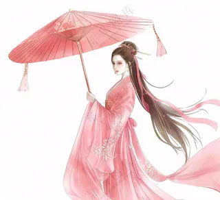 穿着粉色裙子的古风少女打伞纸伞人物插画免抠