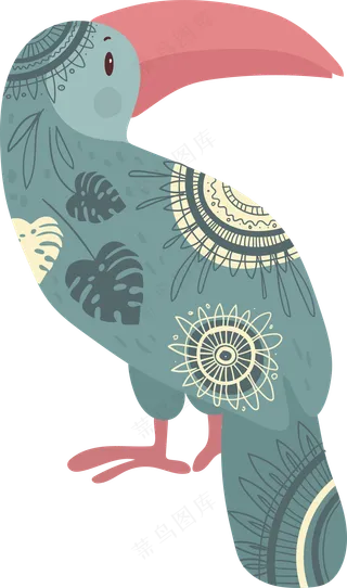  绿碧色红嘴鸟 大嘴鸟 波西米亚风格花纹小动物