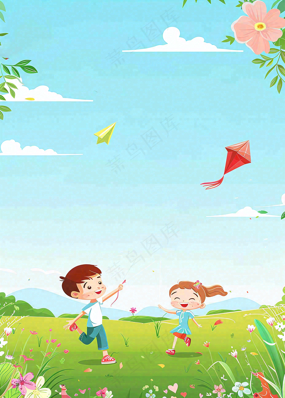蓝天草坪上放风筝的孩子们儿童节卡通插画背景