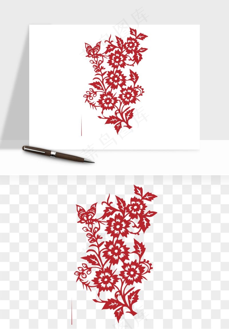 传统剪纸植物花卉png免抠