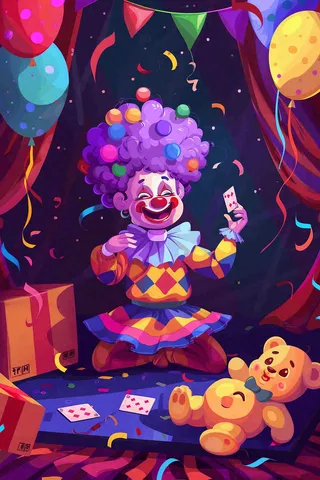 马戏团小丑表演开心紫色卡通搞怪愚人节插画背景