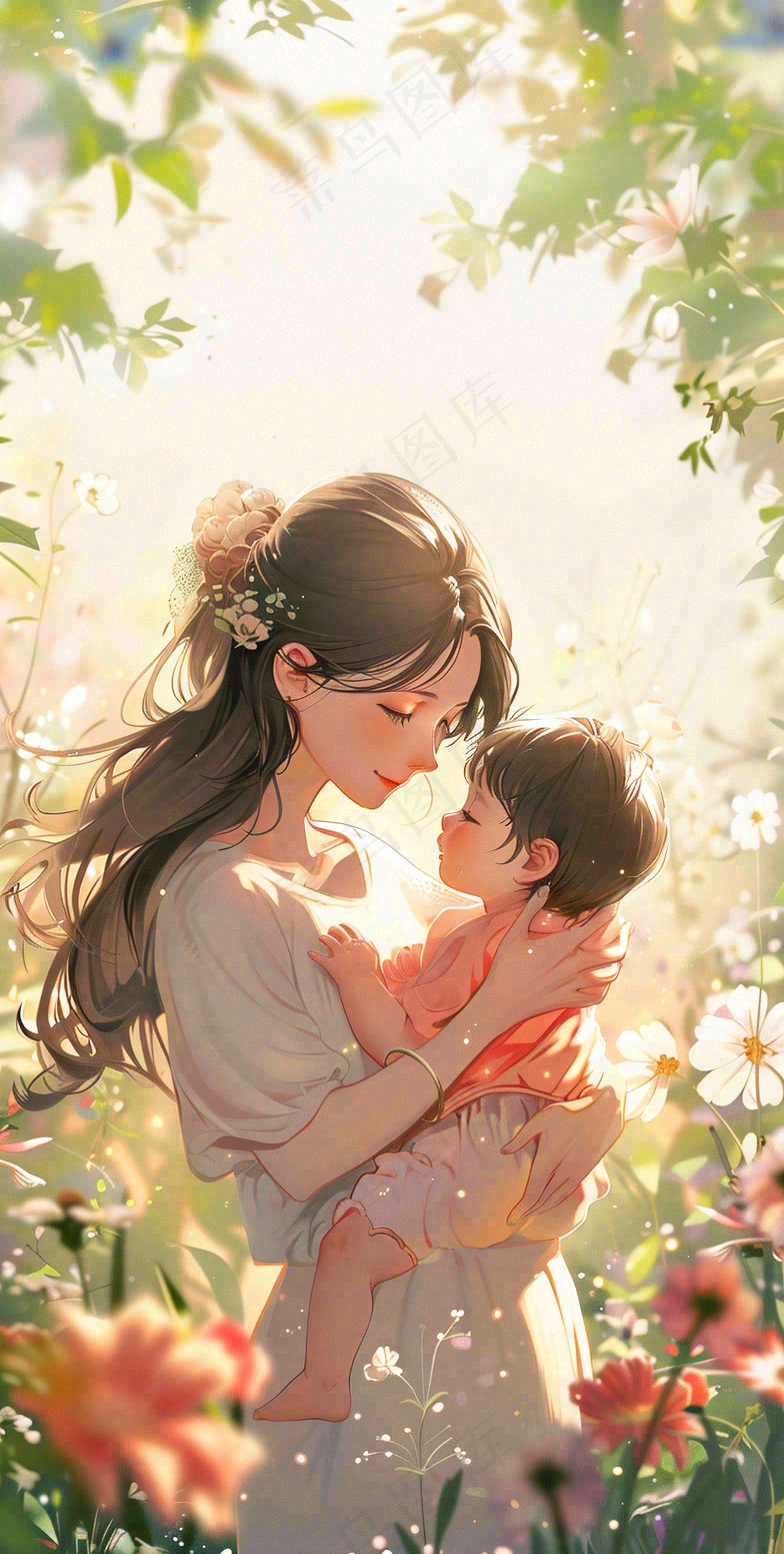 母亲节妈妈亲情抱着孩子鲜花光辉插画背景