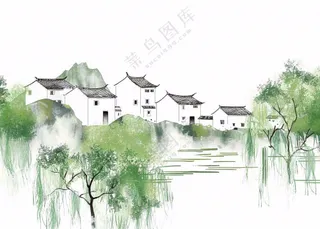 江南水乡水墨画村落柳树插画免抠