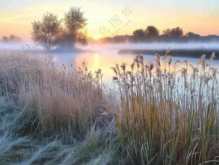 清晨河边雾气朝霞芦苇草地摄影图