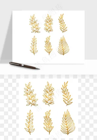 手绘金色叶子矢量png免抠