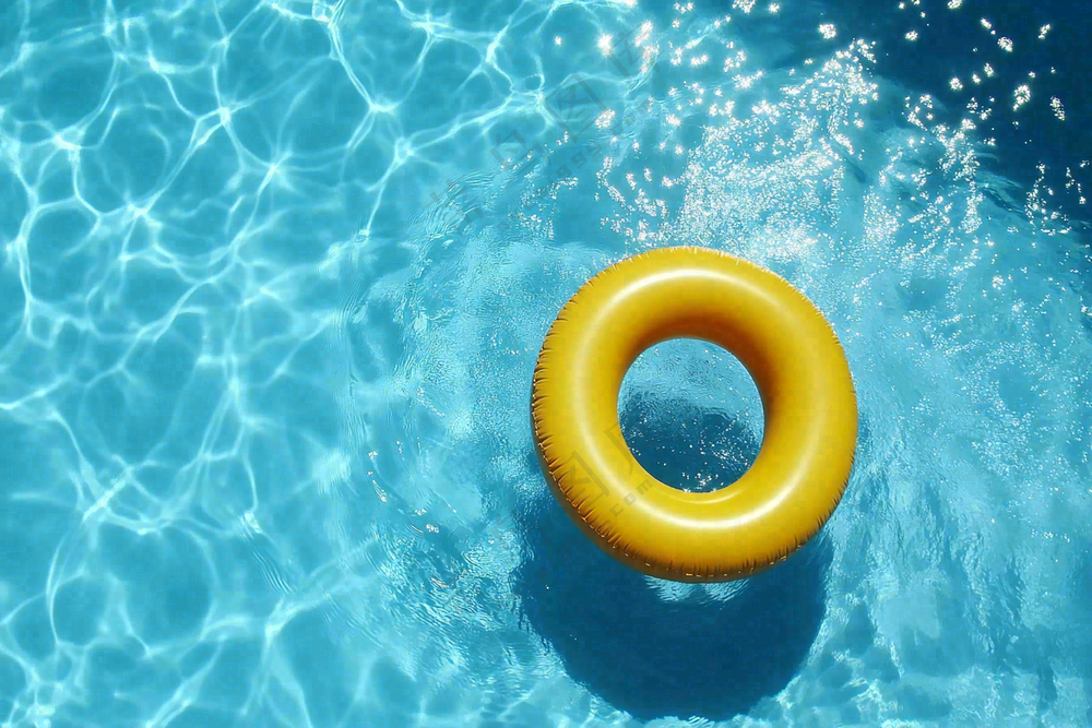 蓝色游泳池的黄色游泳圈摄影图