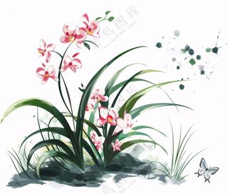 兰花粉色吊兰蝴蝶水墨画插画免抠