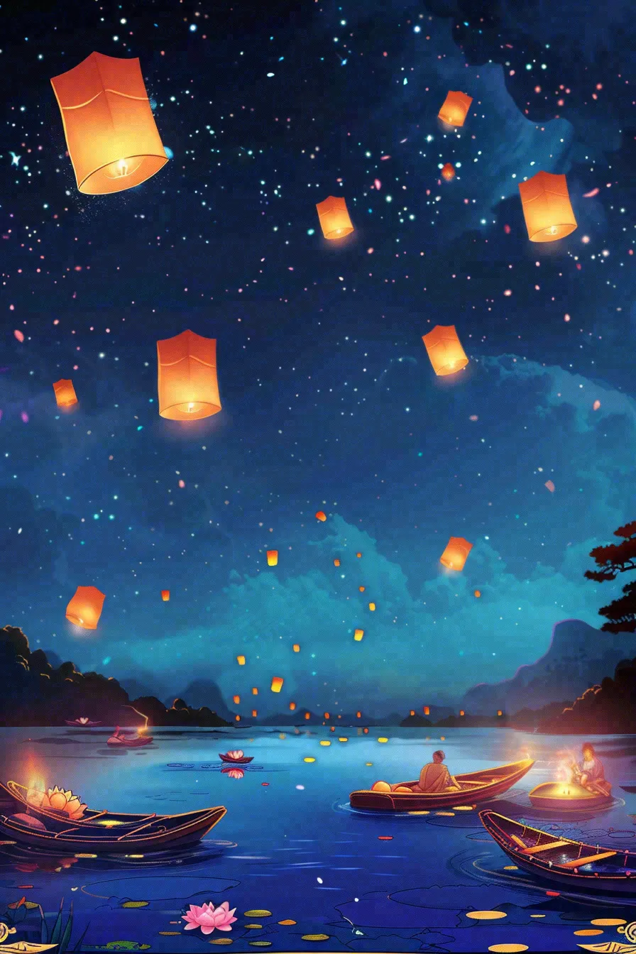 夜晚点灯孔明灯祈福中元节寒衣节插画背景