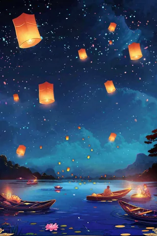 夜晚点灯孔明灯祈福中元节寒衣节插画背景
