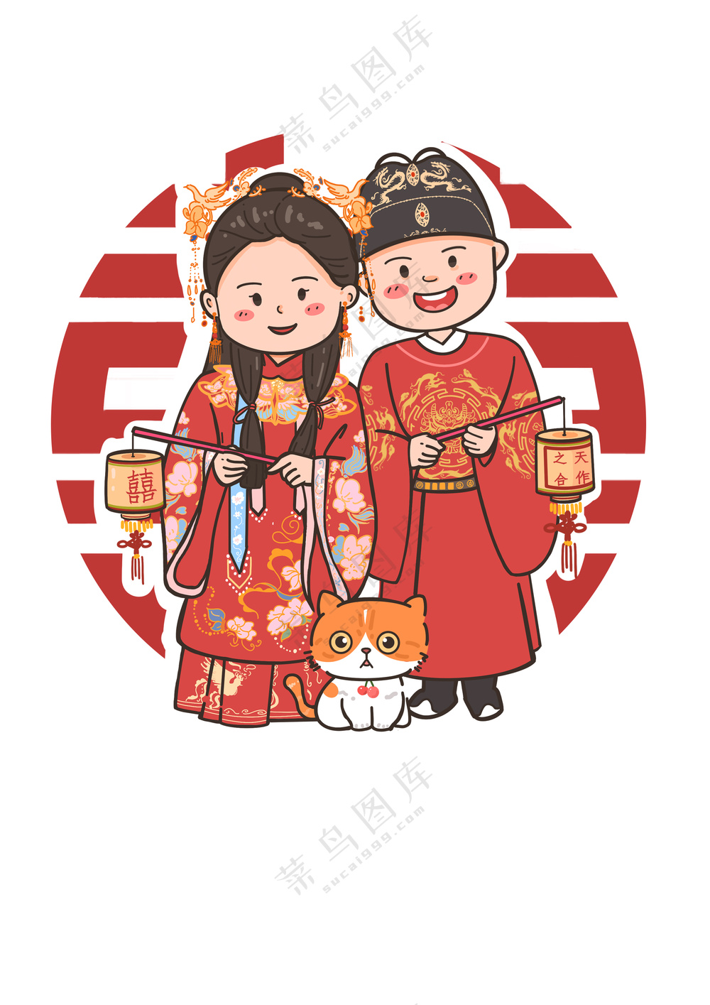 中式婚纱复古婚纱插画