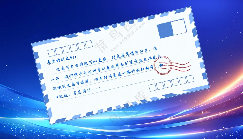 蓝色炫彩小清新明信片信封书信模板