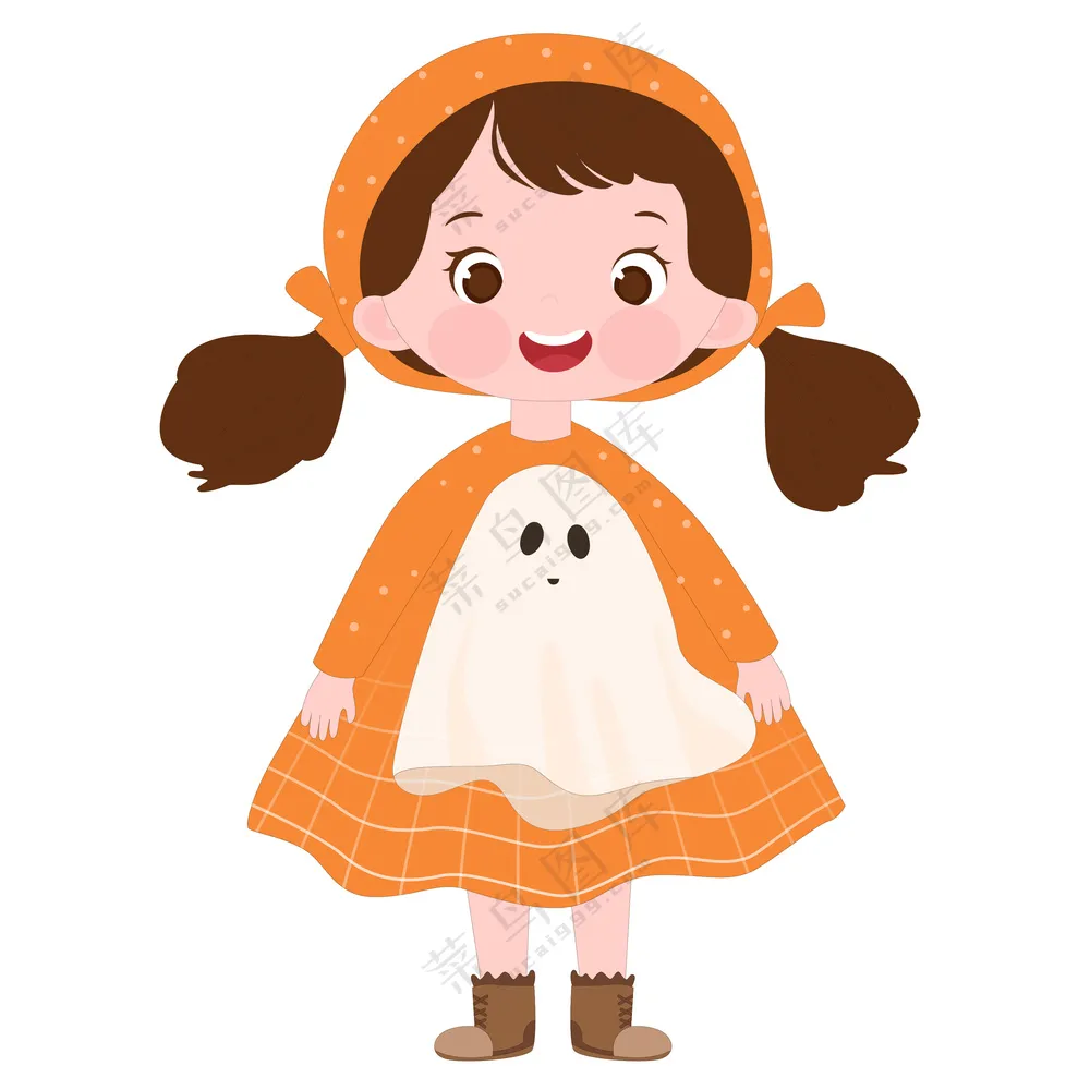 万圣节穿幽灵服装可爱女孩儿童节日装扮卡通插画