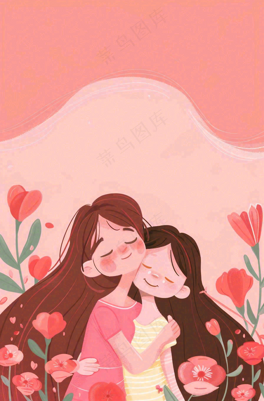 母亲节妈妈亲情抱着孩子鲜花光辉插画背景
